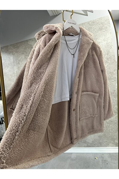 modabetce Overize Women's Buttoned Double Pocket Plush Jacket
