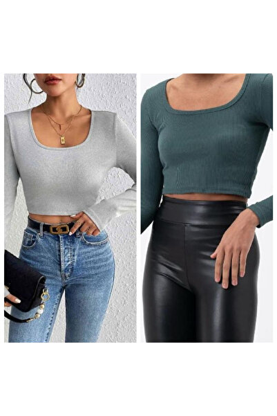 Lorya Giyim Pachet de 2 bluze crop cu mânecă lungă, 100% bumbac, cu guler pătrat