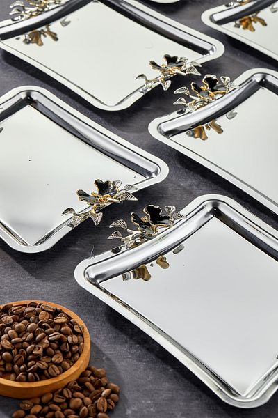 Milenay Duo Luna Nera Handle Patterned Elegante Square Series - Chrome Presentation, Promise Engagement Tray, 22cm, 6 Pieces
