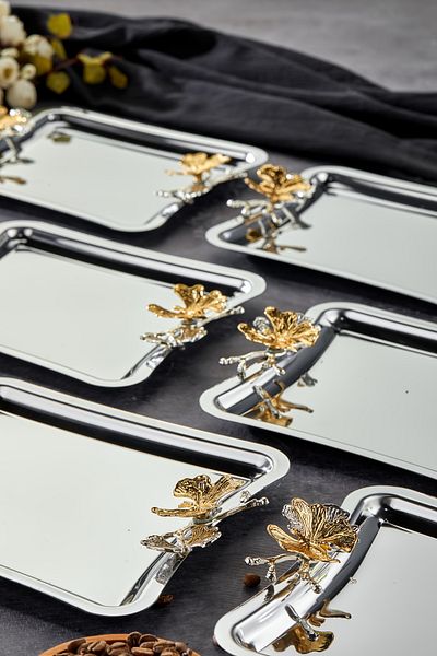 Milenay Elegante Square Series, Duo Volo Prezioso Handle Patterned Chrome Presentation Promise Engagement Tray, 22cm, 6 Pieces