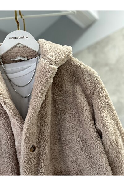 modabetce Overize Women's Buttoned Double Pocket Plush Jacket