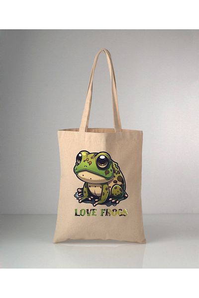 GİFTORA Our Animals Frog Printed Raw Cloth Shoulder Bag 35X40 cm