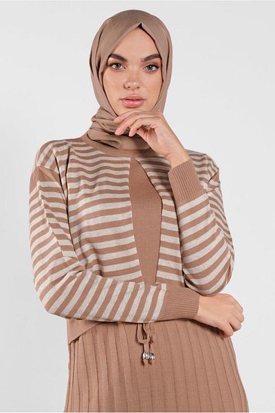 TRENDTESETTÜR Γυναικείο Καφέ (CAMEL) Ριγέ Φόρεμα 4202