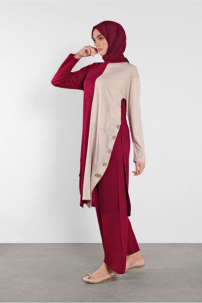 TRENDTESETTÜR Women's Fuchsia (FUCHIA-BEIGE) Button Detailed 2-Color Double Pants Set 6102
