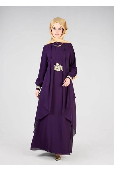 TRENDTESETTÜR T 64525 Fy Collection- Women's Purple Guipure Detailed Evening Dress