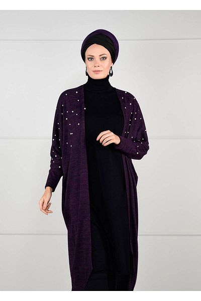 TRENDTESETTÜR Women's Purple Pearl Detailed Bat Sleeve Cardigan 6845