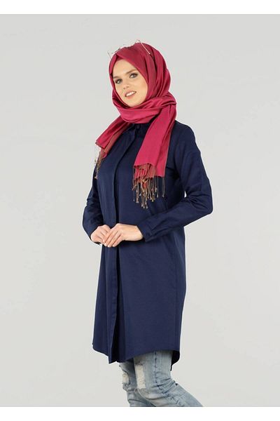 TRENDTESETTÜR Women's Navy Blue Hidden Button Classic Tunic T 50427- Allday