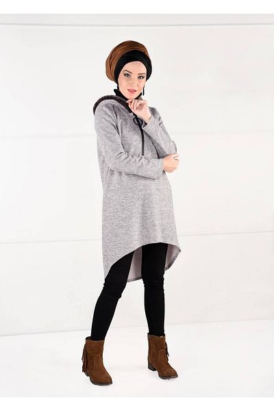 TRENDTESETTÜR Women's Beige (STONE) Plush Zipper Detailed Tunic 13741