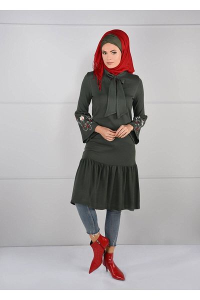 TRENDTESETTÜR Γυναικείο Χακί Κεντημένο Φουλάρι Τουνίκ 28941