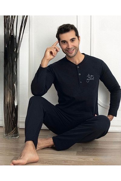 Prestij İç Giyim Cotton Regular Fit Crew Neck Long Sleeve Men's Pajamas Set