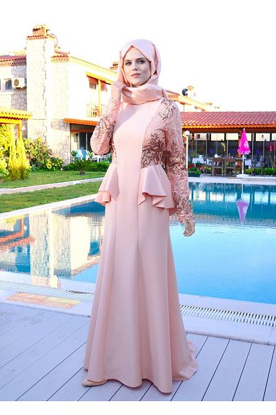 TRENDTESETTÜR Γυναικεία Πούδρα T 08525 Fy Collection- Φόρεμα βραδινό φόρεμα Hijab με λεπτομέρειες με πούλιες