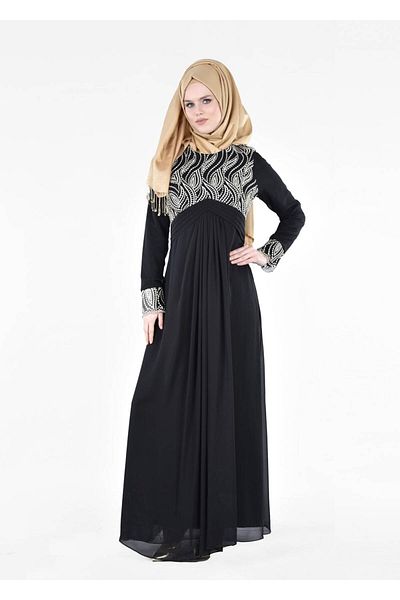 TRENDTESETTÜR Γυναικείο Μαύρο T 66525 Fy Collection-με λεπτομέρεια χιτζάμπ βραδινό φόρεμα