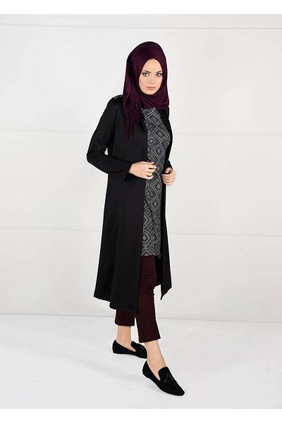 TRENDTESETTÜR Women's Black Shoulder Bead Embroidered 2-Piece Tunic Set 6057