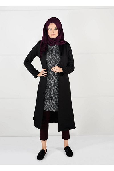 TRENDTESETTÜR Women's Black Shoulder Bead Embroidered 2-Piece Tunic Set 6057
