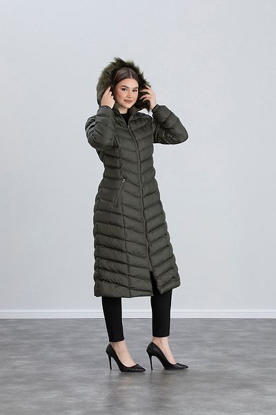 Space Fashion Khaki Green Hooded Long Puffer Women's Coat