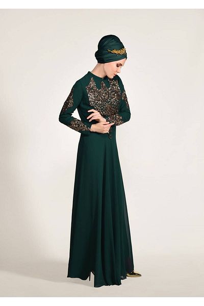 TRENDTESETTÜR Γυναικείο Πράσινο (Σμαραγδένιο) Βραδινό Φόρεμα με Λεπτομέρεια Κέντημα 3824