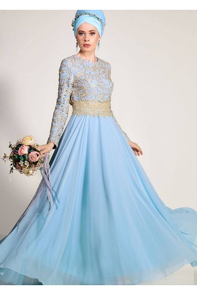 TRENDTESETTÜR Γυναικείο βραδινό φόρεμα Blue Laced - BLUE-GOLD 2581