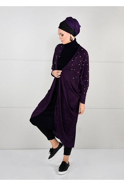 TRENDTESETTÜR Women's Purple Pearl Detailed Bat Sleeve Cardigan 6845