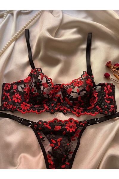 Nashera Μαύρο κόκκινο λουλουδάτο σουτιέν Underwire Bralet και τούλι - Σετ εσώρουχα