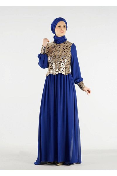 TRENDTESETTÜR Women's Navy Blue (SAKS) T 48525 Fy Collection-flake Embroidered Evening Dress