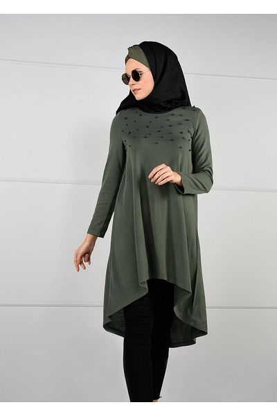 TRENDTESETTÜR Women's Khaki Pearl Embroidered Wide Cut Tunic 03051