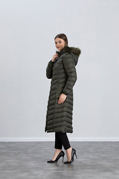 Space Fashion Χακί πράσινη κουκούλα μακριά φουσκωτή γυναικεία παλτό