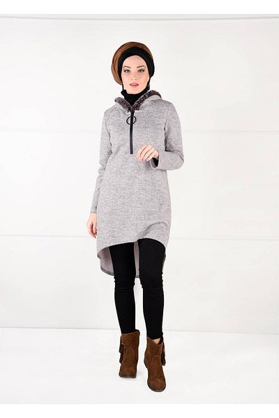 TRENDTESETTÜR Women's Beige (STONE) Plush Zipper Detailed Tunic 13741
