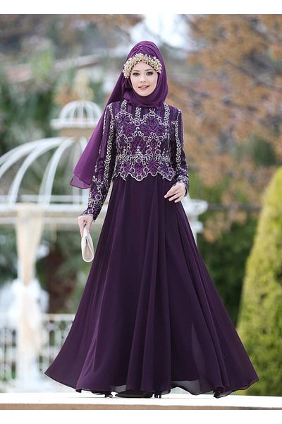 TRENDTESETTÜR Women's Purple Embroidered Chiffon Evening Dress 8608