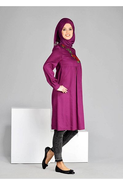 TRENDTESETTÜR Women's Purple (BEGONVİL) T 7051 Modahanne-Embroidery Detailed Tunic