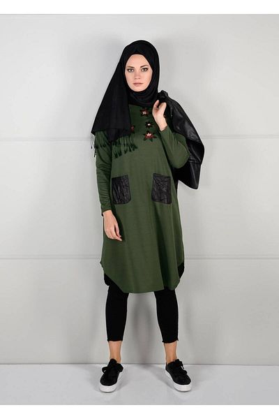 TRENDTESETTÜR Women's Khaki Leather Pocket Floral Embroidered Tunic - 4151