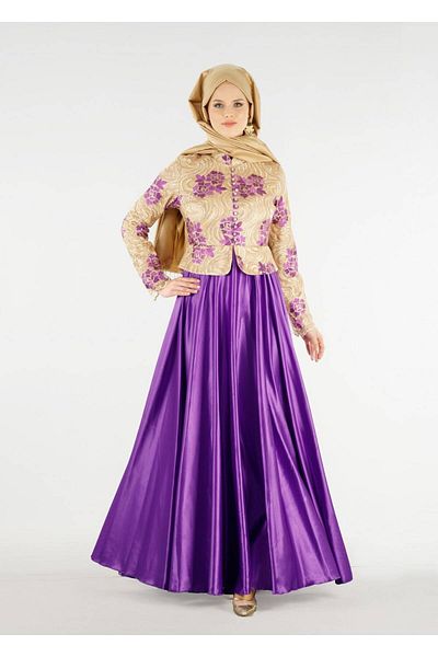 TRENDTESETTÜR Women's Purple (PURPLE-GOLD) Turtleneck Embroidered Evening Dress 7637