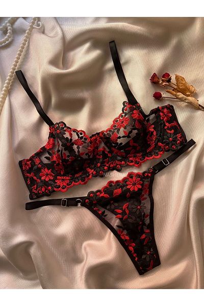 Nashera Μαύρο κόκκινο λουλουδάτο σουτιέν Underwire Bralet και τούλι - Σετ εσώρουχα
