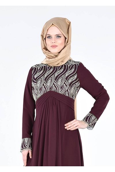 TRENDTESETTÜR Women's Plum T 66525 Fy Collection-Embroidery Detailed Hijab Evening Dress
