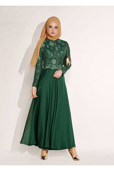 TRENDTESETTÜR Rochie de seară detaliată cu nasturi, verde, cu guler judecător, 0697