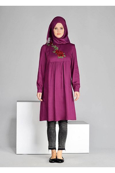 TRENDTESETTÜR Women's Purple (BEGONVİL) T 7051 Modahanne-Embroidery Detailed Tunic