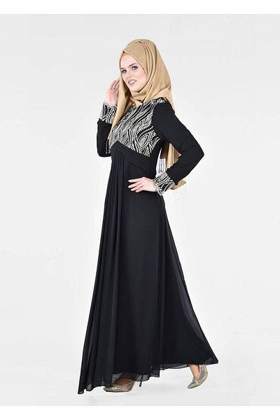 TRENDTESETTÜR Γυναικείο Μαύρο T 66525 Fy Collection-με λεπτομέρεια χιτζάμπ βραδινό φόρεμα