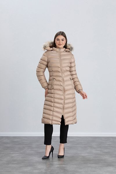 Space Fashion Palton lung de puf pentru femei de culoare crem - cu glugă și blană