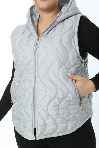Şans Women's Large Size Stone Hooded Quilted Pocket Vest 65N38335
