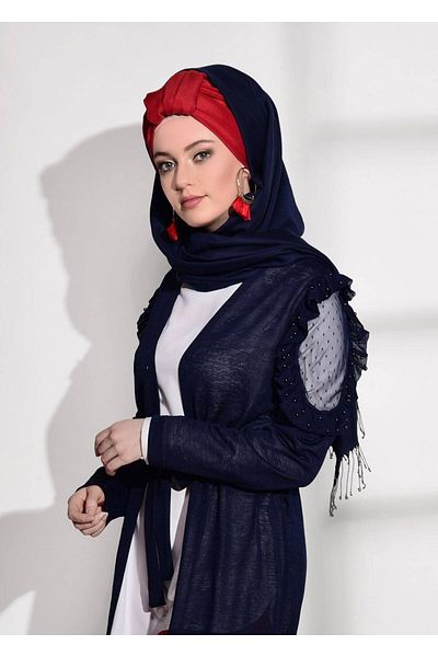 TRENDTESETTÜR Navy Blue Tulle Detailed Women's Combed Cotton Cardigan 92081