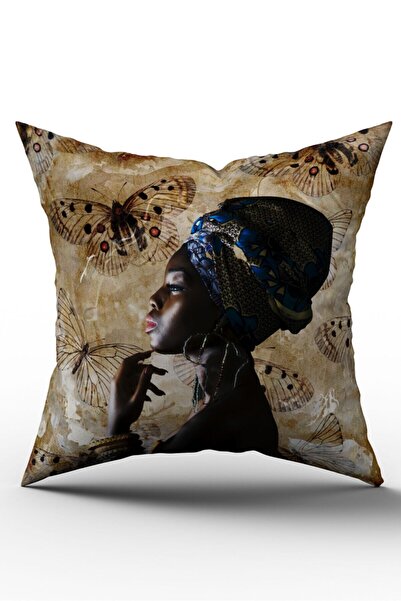 SasoHome Decorative Throw Pillow Cover with African Woman Model and Butterflies Pattern (Ultra Quality Velvet Fabric)