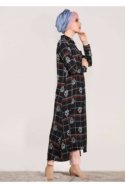 TRENDTESETTÜR Women's Black t 0203 Lmf- Patterned Long Tunic
