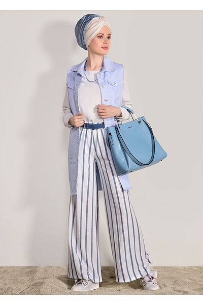 TRENDTESETTÜR Women's Navy Blue (NDIGO) Striped Belted Trousers 0796