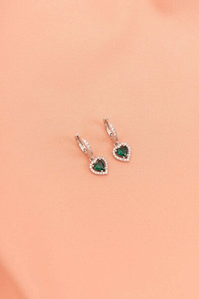 eva silvera 925 Ayar Gümüş Kalpli Kolye Zirkon Taşlı Sallantılı  Küpe Zümrüt Taşlı Küpe Silver