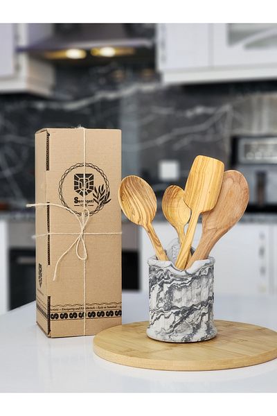 Serengeti Handmade Olive Tree Spoon Set - 100% Natural Spoons Decorative Countertop Spoon Holder