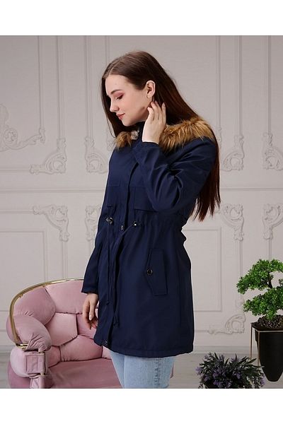 Marjinal City Navy Blue Fur Lined and Waterproof Large Size Oversize Women's Winter Coat & Coat
