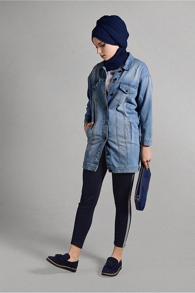 TRENDTESETTÜR Navy Blue Glitter Stripe Women's Trousers - Skinny Leg 3409