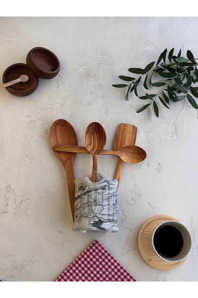 Serengeti Handmade Olive Tree Spoon Set - 100% Natural Spoons Decorative Countertop Spoon Holder