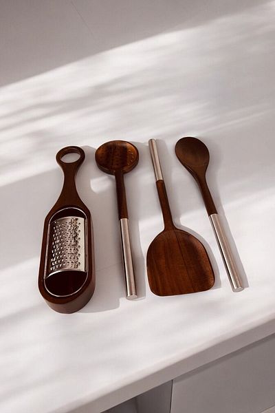 Mirilliahome Acacia Spice Rack with Lid - 10 Piece Kitchen Utensils Set with Acacia and Steel Detail