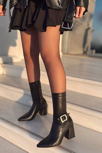 POLKA STORE Buckle Stretch Ankle Buckle Detailed Medium Size Thick Heeled Pointed Toe Women's Boots Bootie