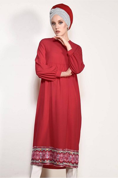 TRENDTESETTÜR Women's Red T 95171 Ikoll- Embroidery Detailed Long Tunic